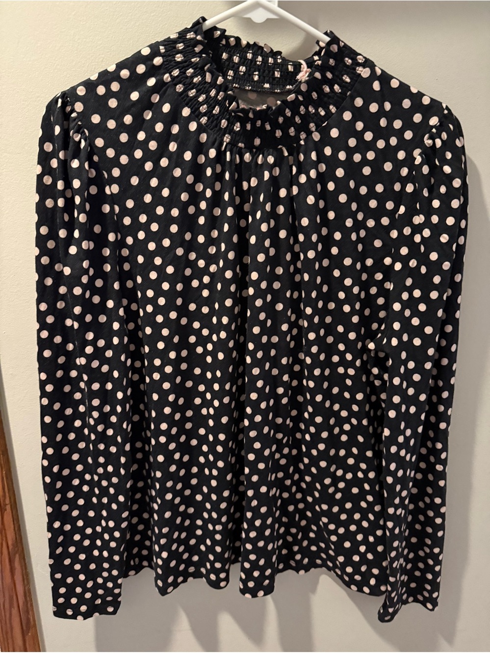 Boden Black Long Sleeve Polka Dot Blouse with Cream Dots